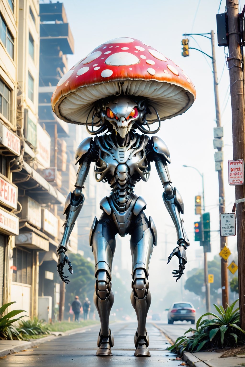 Glossy Anthropomorphic walking alien mushroom creatures,  with macabre faces inspired by Alex Horley's art style,  invadin...