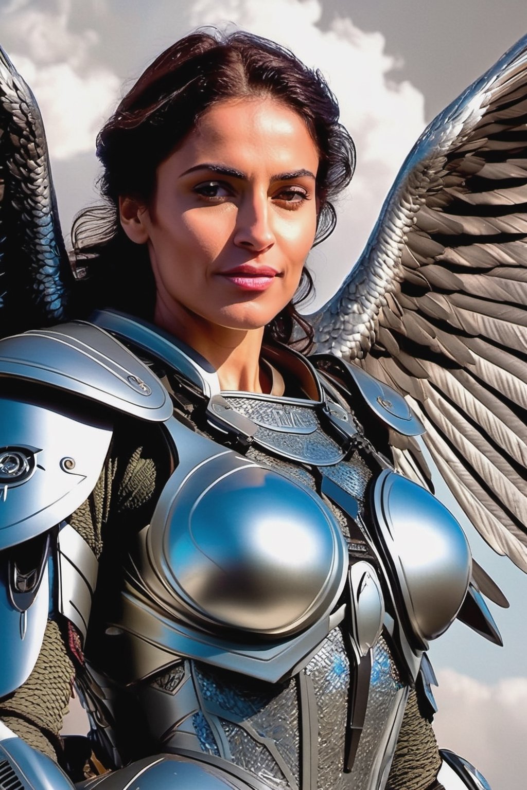 (Archangel Gabriela, angry face with a smirk :1.2), (armed with a realistic heavy machinegun:1.2), descending from the skies, 8k, dynamic lighting, hyperdetailed, intricately detailed, volumetric lighting, Canaletto photorealism movie poster, stunning, mythical being, energised, molecular textures, iridescent scales armor, breathtaking beauty, pure perfection, divine presence, unforgettable, impressive, auras, rays, reflects. 