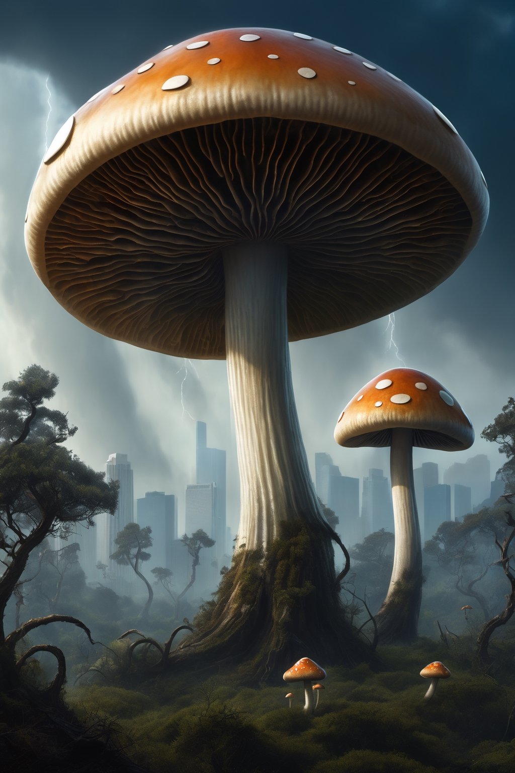 Glossy Anthropomorphic walking alien mushroom creatures, with macabre faces inspired by Alex Horley's art style, invading Earth, specifically targeting Los Angeles city, dramatic lighting, golden ratio, ultra-realistic, digital painting. 