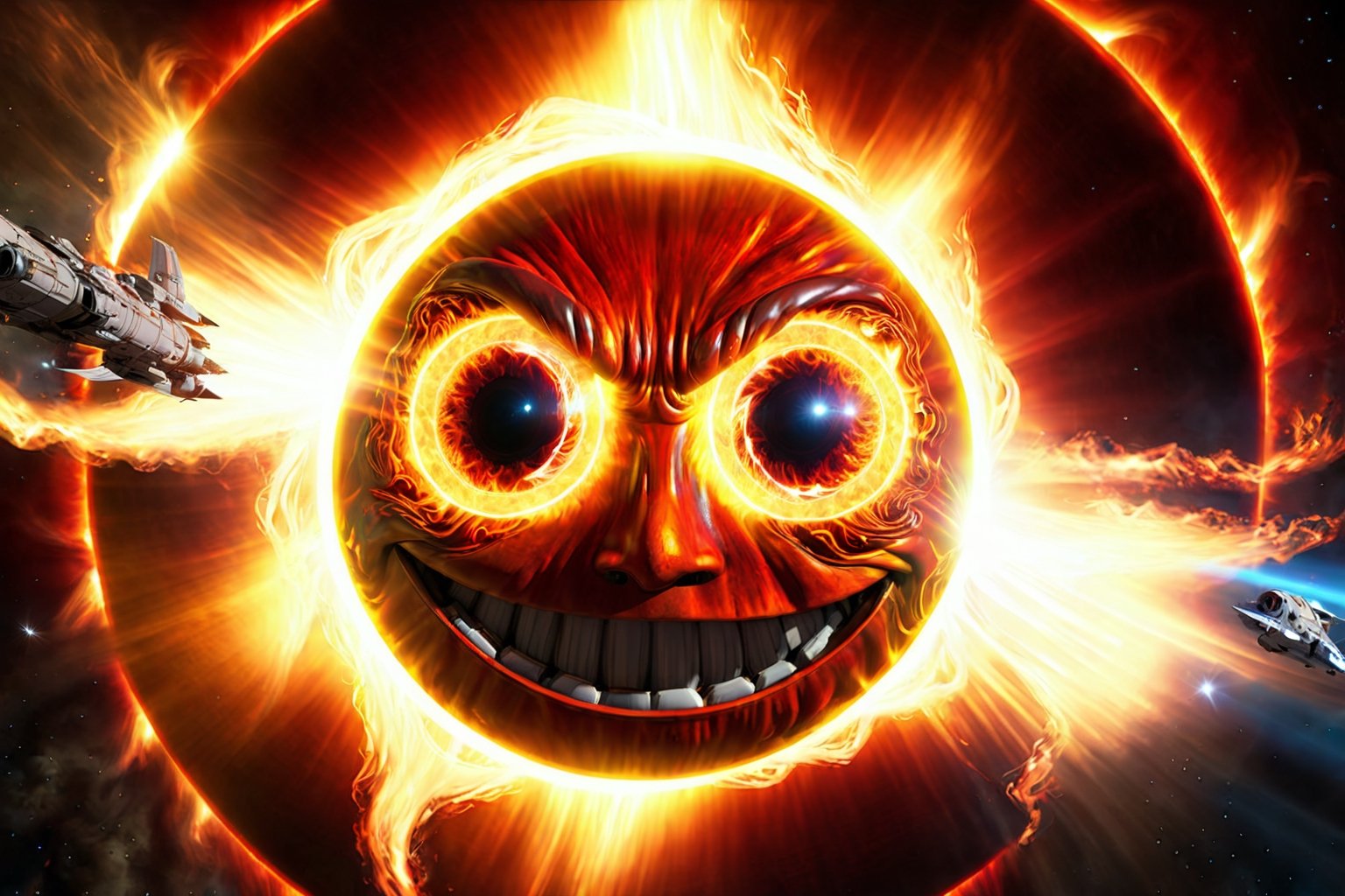 Award-wining sci-fi digital art, (a Gigantic fiery sun with eyes, sarcastically smiling:1.4), in a collision path with a planet, (a rocket spaceship flees into open space towards the camera:1.2), intricate details, galactic aura symphony. 