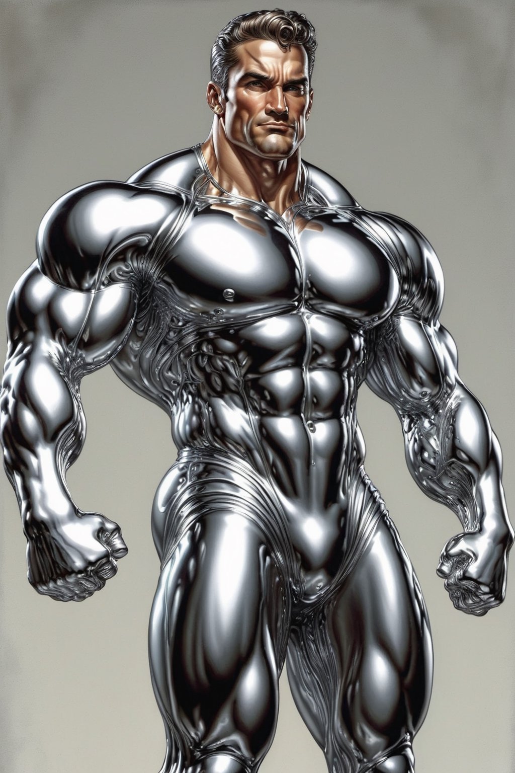 Photorealism, 8k, sharpest detail, (Man with (full) body made of chrome:1.2), heroic front posing as bodybuilder, arms up, perfect anatomy and musculature, masterpiece art by joe madureira and joe jusko, (reflective:1.2). 