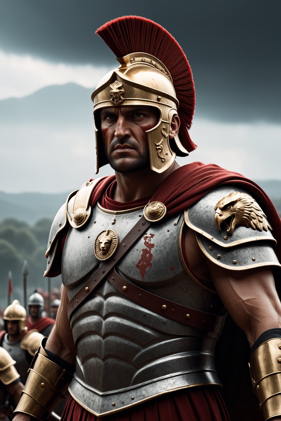 (Roman Centurion), bronze armor, red cape, (holding SPQR eagle staff:1), (standing tall over the battlefield), full shot, strong, rebellious, grunge, highly artistic, rough textures, incredible masterpiece, octane render, photorealism, hyperrealism, intricate details, ultra skin intricate clothes accurate hands, macro image detailed, shots, badass look, action, perfect eyes, best quality, extremely sharp focus face, analog fine film grain, cinematic, realistic, trending artstation, focus, studio photo, details, highly rutkowski, intricate, busy, raw, 4k, 8k, isometric, digital smog, 3d render, octane volumetrics, artwork masterpiece, ominous, matte painting movie poster, golden ratio, cgsociety,make_3d