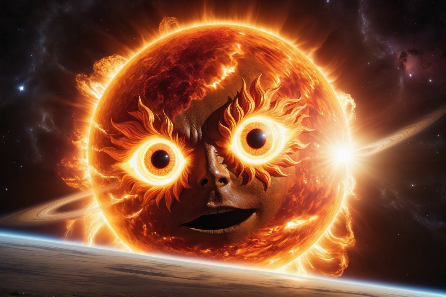 Award-wining sci-fi digital art, (a Gigantic fiery sun with eyes, sarcastically smiling:1.4), in a collision path with a planet, (a rocket spaceship flees into open space towards the camera:1.2), intricate details, galactic aura symphony. 