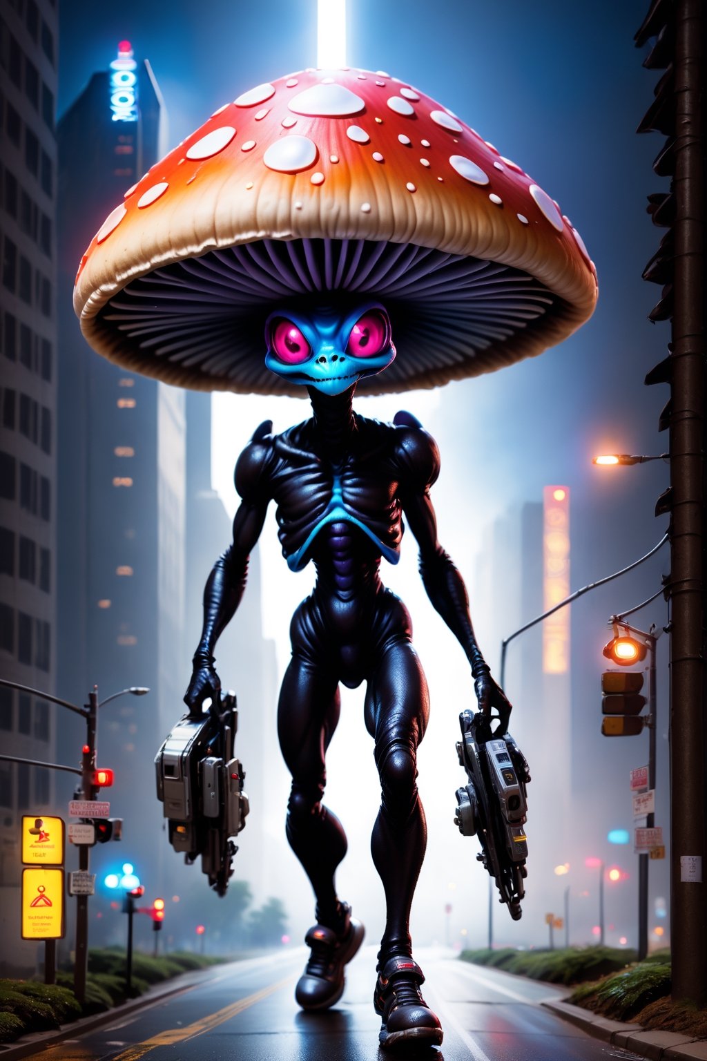 Glossy (Anthropomorphic walking alien mushroom creatures:1.2), with macabre faces inspired by Alex Horley's art style, invading Earth, specifically targeting Los Angeles city, dramatic lighting, golden ratio, ultra-realistic, digital painting. 