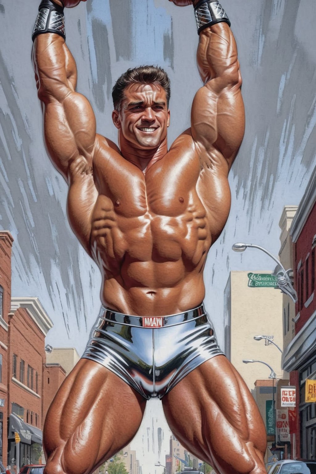 Photorealism, 8k, sharpest detail, (Man with (full) body made of chrome:1.2), heroic front posing as bodybuilder, arms up, perfect anatomy and musculature, masterpiece art by joe madureira and joe jusko, (reflective:1.2). 