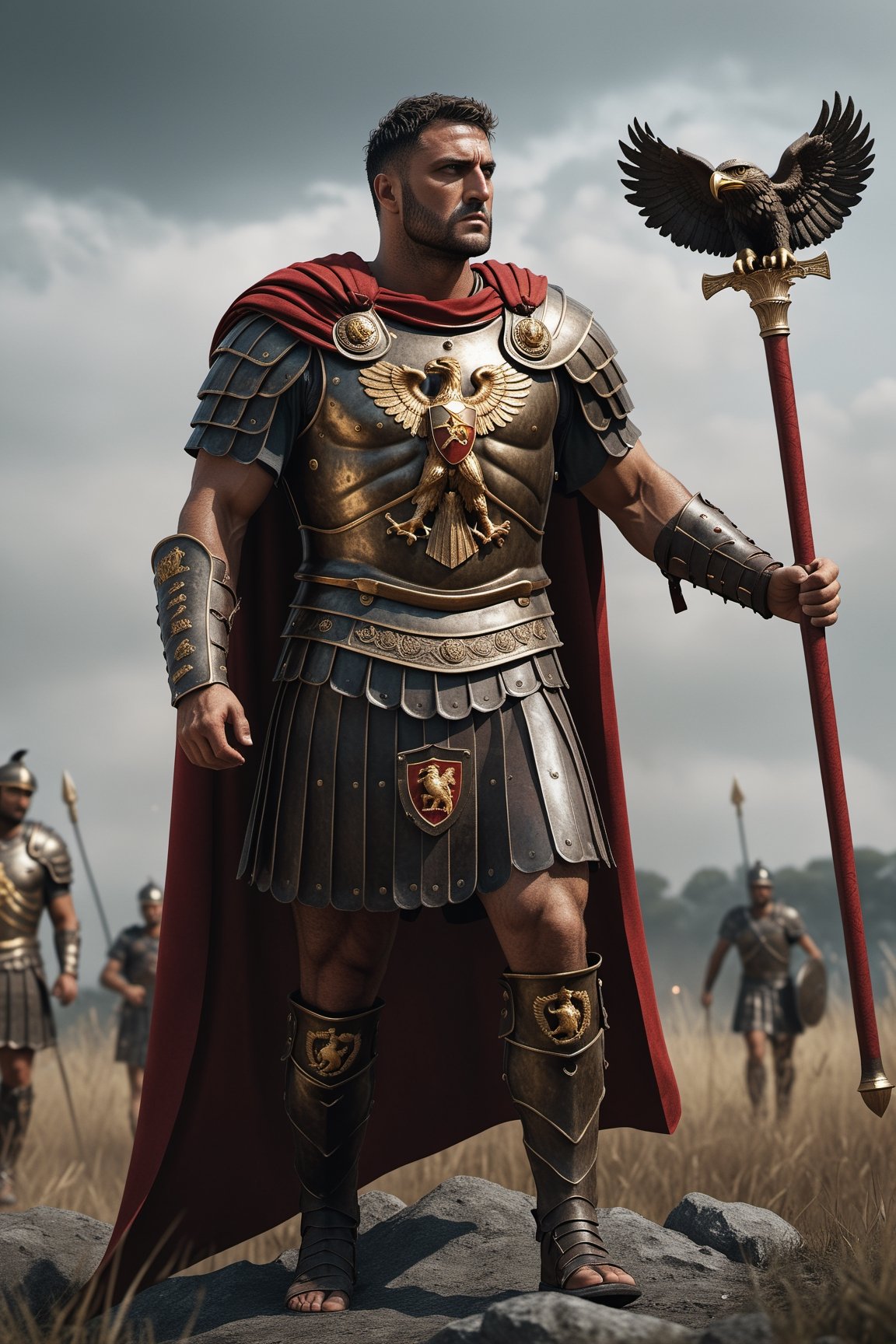 Full body picture, (Roman Centurion), bronze armor, red cape, (holding SPQR eagle staff:1.5), (standing tall over the battlefield), strong, rebellious, grunge, highly artistic, rough textures, incredible masterpiece, octane render, photorealism, hyperrealism, intricate details, ultra skin intricate clothes accurate hands, macro image detailed, shots, badass look, action, perfect eyes, best quality, extremely sharp focus face, analog fine film grain, cinematic, realistic, trending artstation, focus, studio photo, details, highly rutkowski, intricate, busy, raw, 4k, 8k, isometric, digital smog, 3d render, octane volumetrics, artwork masterpiece, ominous, matte painting movie poster, golden ratio, cgsociety,