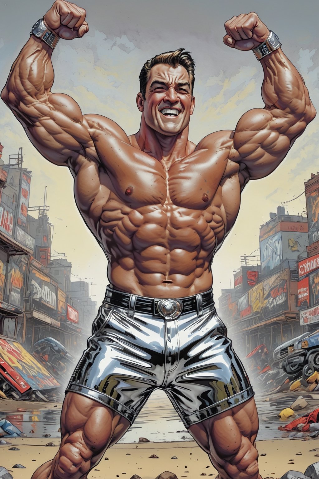 Photorealism, 8k, sharpest detail, (Man with (full) body made of chrome:1.2), heroic front posing as bodybuilder, arms up, perfect anatomy and musculature, masterpiece art by joe madureira and joe jusko, (reflective:1.2). 