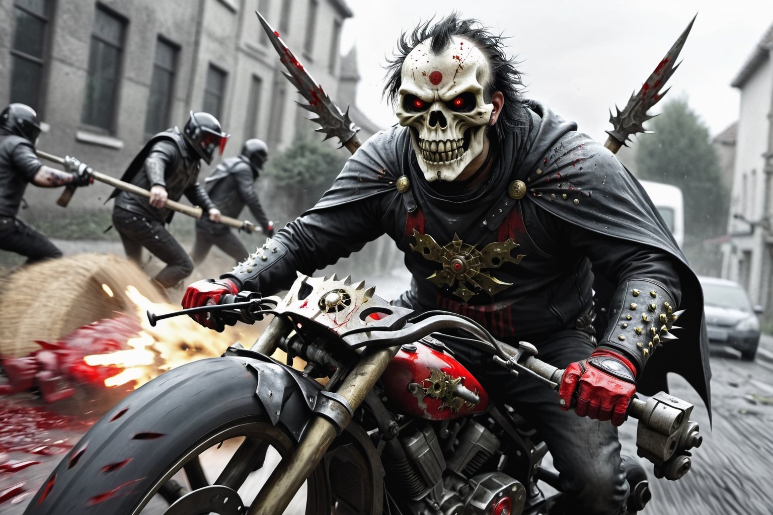 The caped Chainsaw biker, grotesquery, dark, eerie, hellish motorcycle, art by Yoann Lossel, spikes on wheels, bloody Macabre, 2000 AD comic style, red image filter, 3d ground view, High speed Slow motion, Dynamic motion blur, fisheye cam, dslr, raw photography, cinematic motion. 