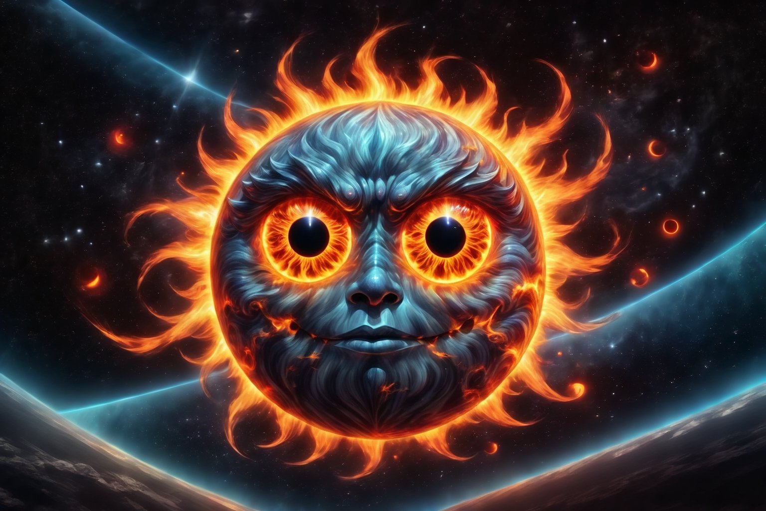 Award-wining sci-fi digital art, (a Gigantic fiery sun with eyes, sarcastically smiling:1.4), in a collision path with a planet, (a rocket spaceship flees into open space towards the camera:1.2), intricate details, galactic aura symphony. 