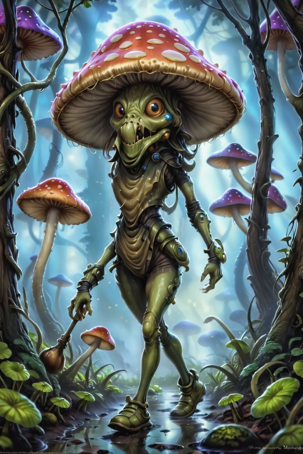 Glossy (Anthropomorphic walking alien mushroom creatures:1.2), with macabre faces inspired by Alex Horley's art style, invading Earth, specifically targeting Los Angeles city, dramatic lighting, golden ratio, ultra-realistic, digital painting. 