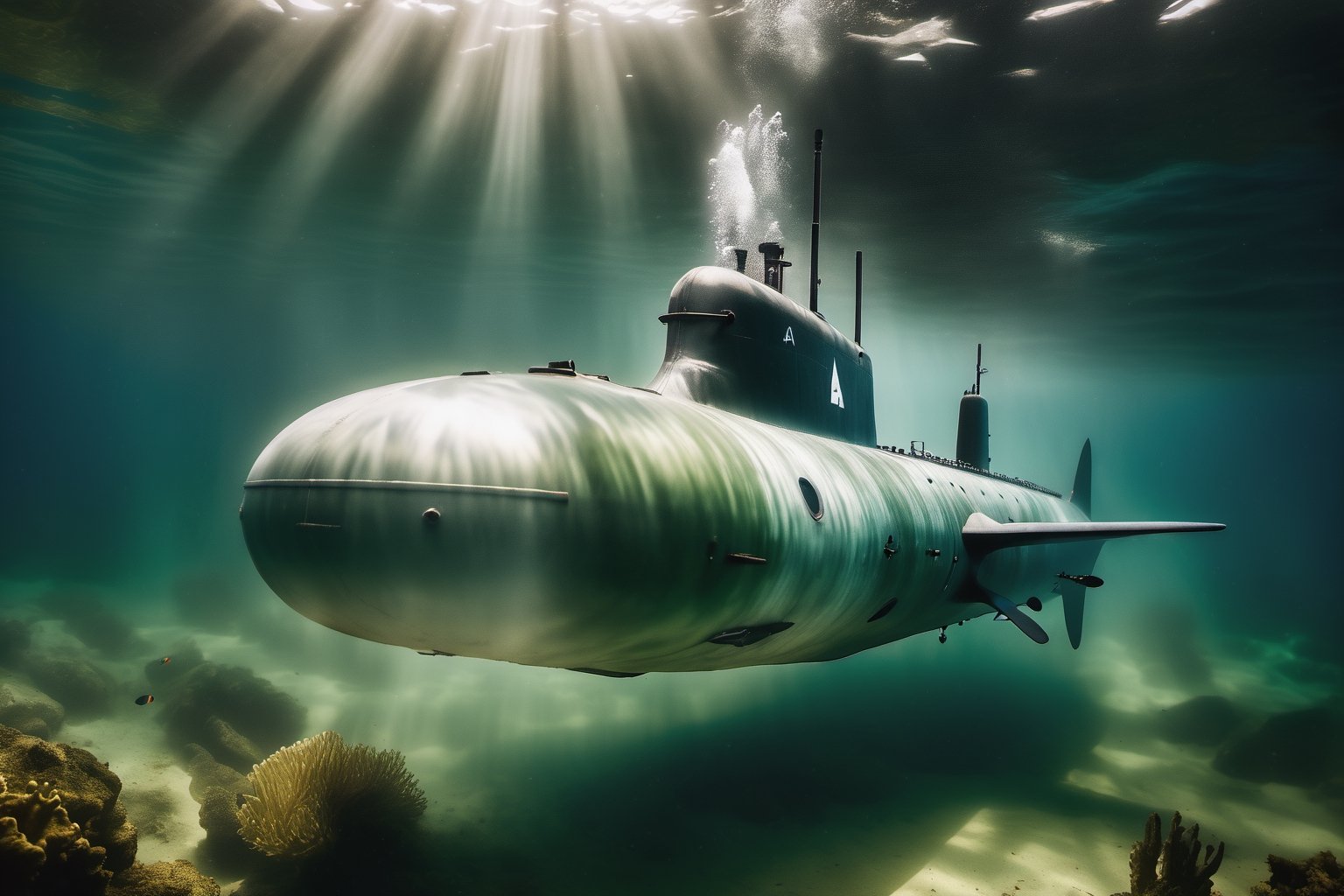 Underwatercore, f/2 camera aperture, photorealistic, cinematic shot on Sony A1, ultra detailed attack submarine, green color, going full speed near sea bottom, water effects, water texture, war vessel shadow, Dynamic motion blur, Blurred Motion, floating particles, Intricate underwater world. 