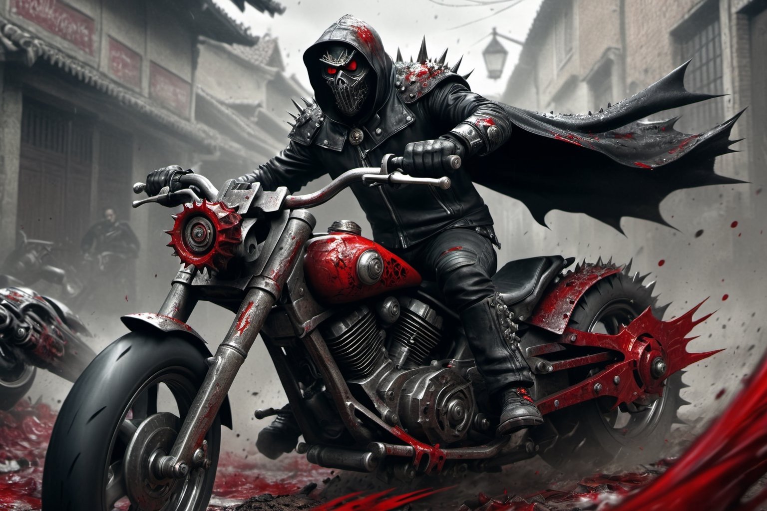 The caped Chainsaw biker, grotesquery, dark, eerie, hellish motorcycle, art by Yoann Lossel, spikes on wheels, bloody Macabre, 2000 AD comic style, red image filter, 3d ground view, High speed Slow motion, Dynamic motion blur, fisheye cam, dslr, raw photography, cinematic motion. 