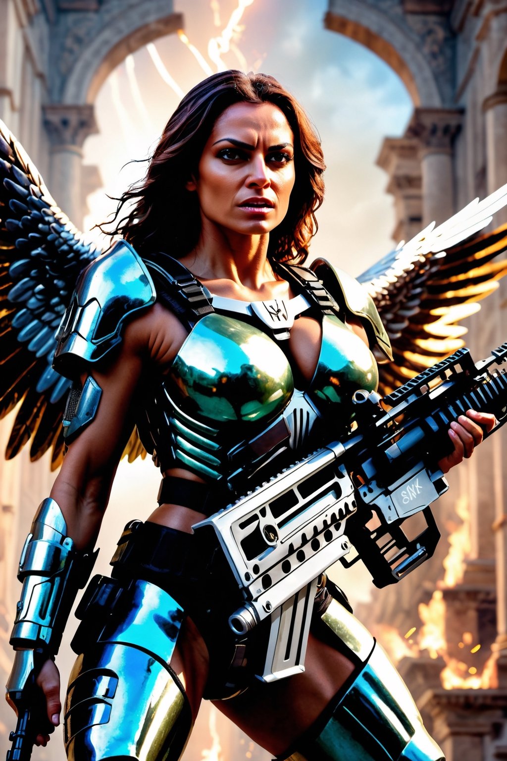 (Archangel Gabriela, angry face with a smirk :1.2), (armed with a realistic heavy machinegun:1.2), descending from the skies, 8k, dynamic lighting, hyperdetailed, intricately detailed, volumetric lighting, Canaletto photorealism movie poster, stunning, mythical being, energised, molecular textures, iridescent scales armor, breathtaking beauty, pure perfection, divine presence, unforgettable, impressive, auras, rays, reflects. 