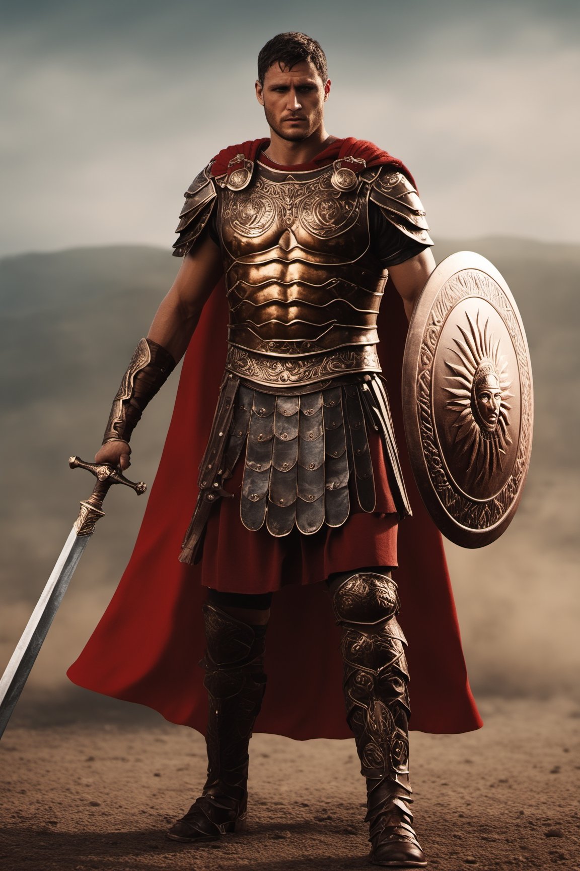 Full body picture, (Roman Centurion), bronze armor, red cape, (holding SPQR eagle staff:1.5), (standing tall over the battlefield), strong, rebellious, grunge, highly artistic, rough textures, incredible masterpiece, octane render, photorealism, hyperrealism, intricate details, ultra skin intricate clothes accurate hands, macro image detailed, shots, badass look, action, perfect eyes, best quality, extremely sharp focus face, analog fine film grain, cinematic, realistic, trending artstation, focus, studio photo, details, highly rutkowski, intricate, busy, raw, 4k, 8k, isometric, digital smog, 3d render, octane volumetrics, artwork masterpiece, ominous, matte painting movie poster, golden ratio, cgsociety,