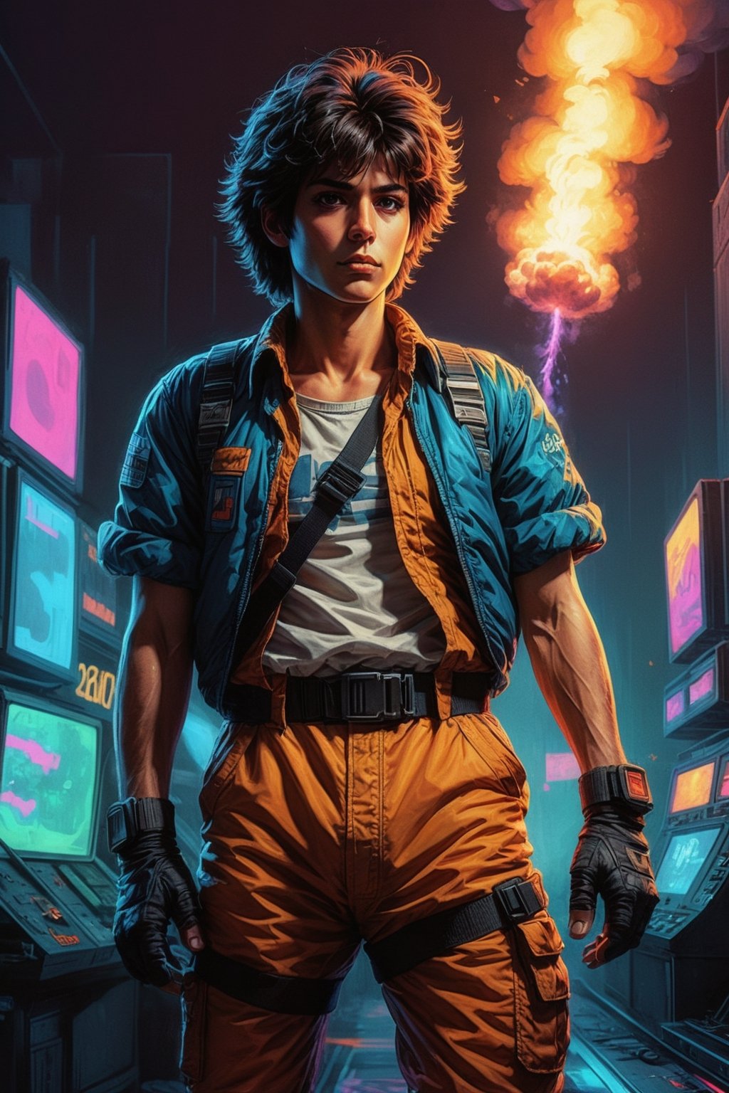 Bomb Jack, reimagined 80s zxspectrum game character, game poster style, digital painting, cover artist Dave Rapoza, 8k, concept art, sharp, intricate, highly detailed, UHD drawing, mastery, acrylic painting, style of makoto shinkai, jamie wyeth, james gilleard, edward hopper, greg rutkowski, score_9, score_8_up. 