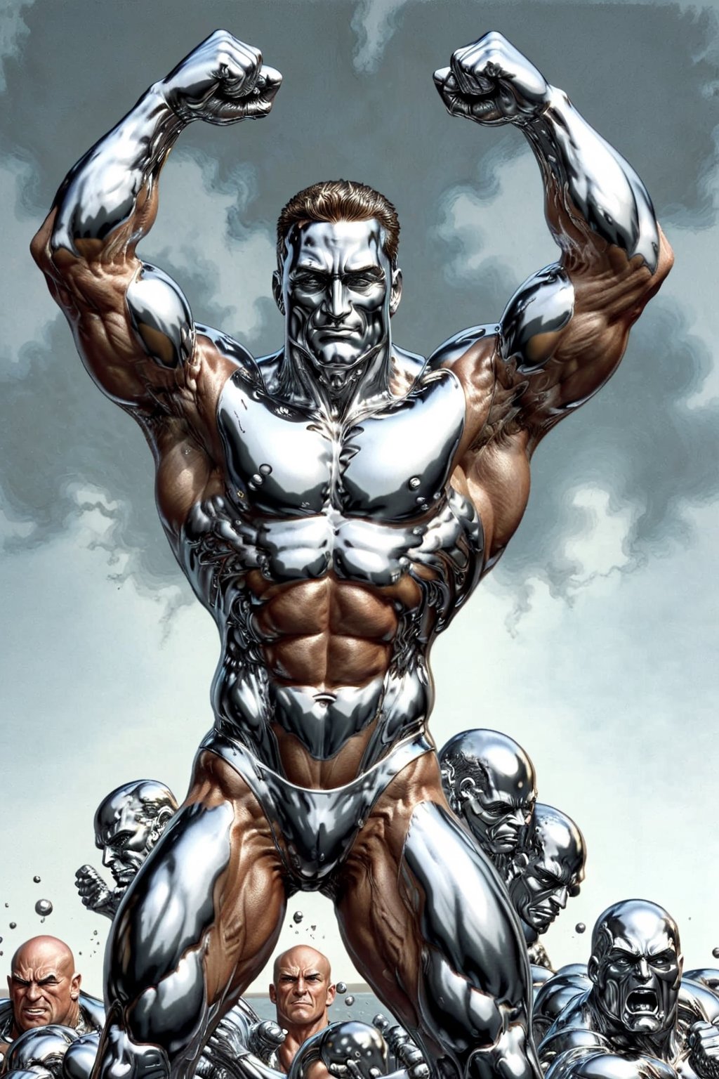 Photorealism, 8k, sharpest detail, (Man with (full) body made of chrome:1.2), heroic front posing as bodybuilder, arms up, perfect anatomy and musculature, masterpiece art by joe madureira and joe jusko, (reflective:1.2). 