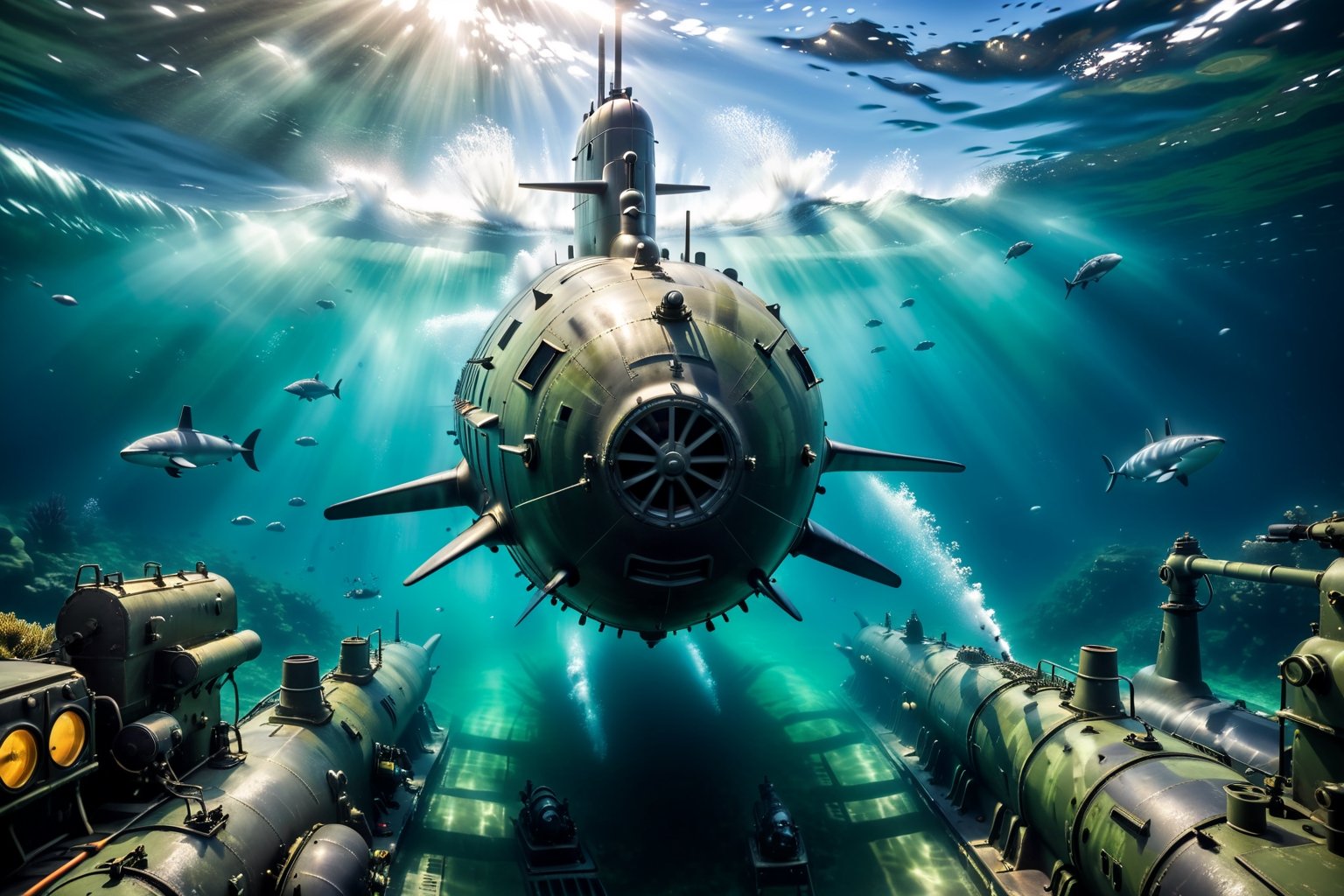 score_9, score_8_up, score_7_up, score_6_up, score_5_up, score_4_up, Underwatercore, f/2 camera aperture, photorealistic, cinematic shot on Sony A1, ultra detailed attack submarine, green color, going full speed near sea bottom, water effects, water texture, war vessel shadow, Dynamic motion blur, Blurred Motion, floating particles, Intricate underwater world. ,more detail XL