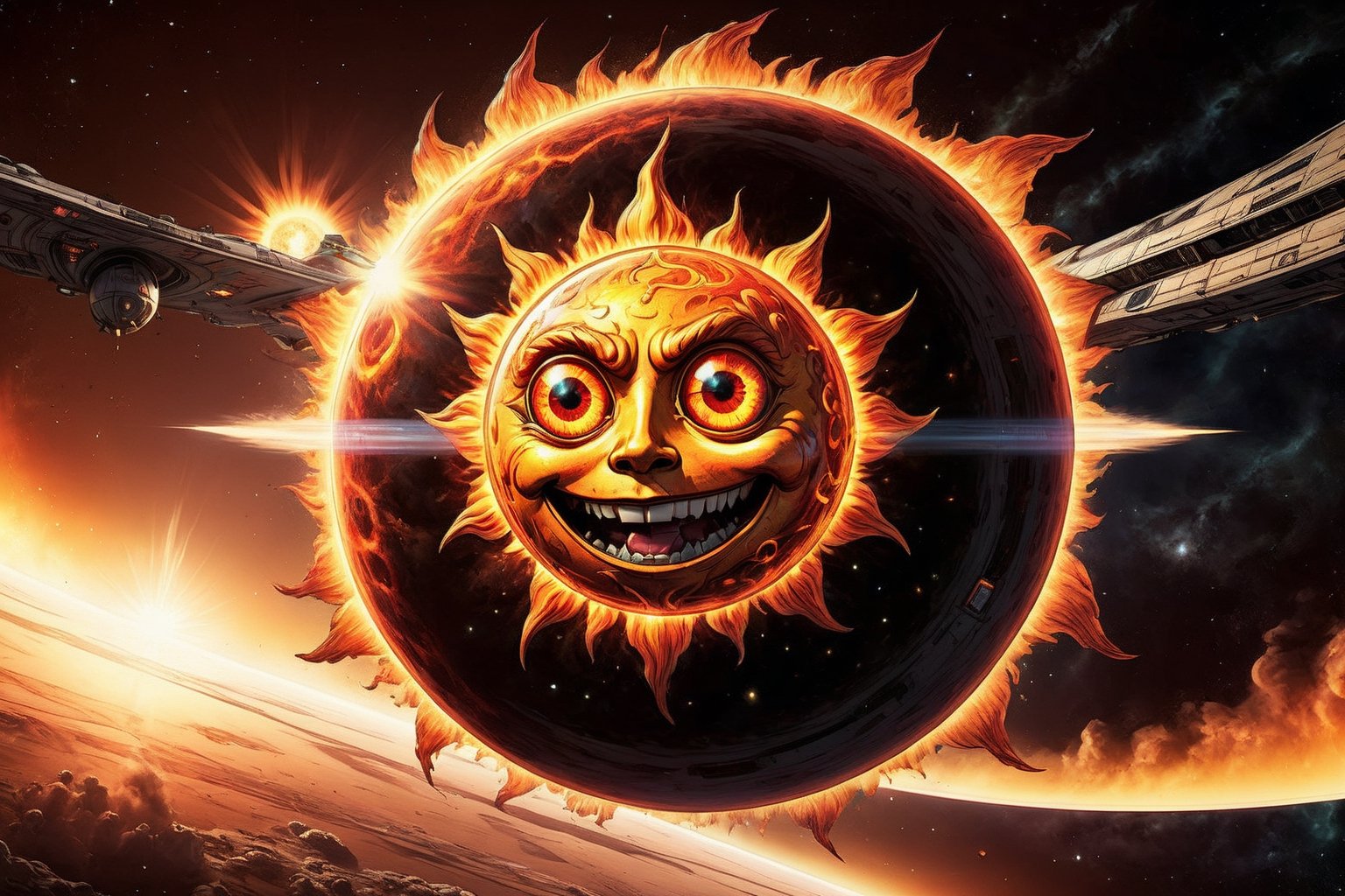 Award-wining sci-fi digital art, (a Gigantic fiery sun with eyes, sarcastically smiling:1.4), in a collision path with a planet, (a rocket spaceship flees into open space towards the camera:1.2), intricate details, galactic aura symphony. 