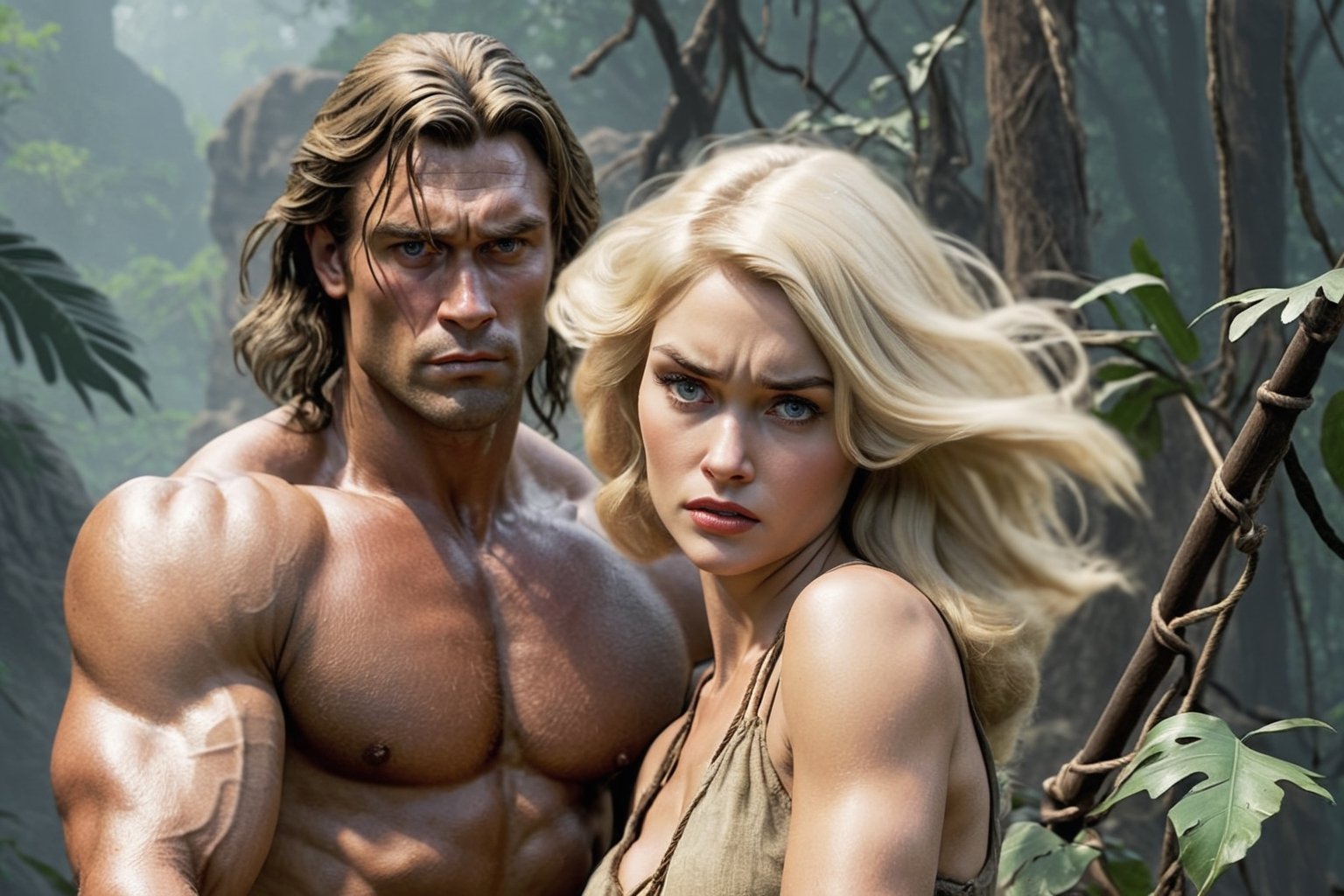 Award-wining photography, (Savage man Tarzan), protecting a beautiful 1920s (blonde woman), perfect face, sharp eyes, extremely definition, ripped clothes, pre-historic wilderness, Volumetric 3d effect, ZBrush render, additional Blender details, scene from a cinematic high quality movie, action, eerie, Vintage style, cinematic natural lighting, lines by Frank Frazetta. 