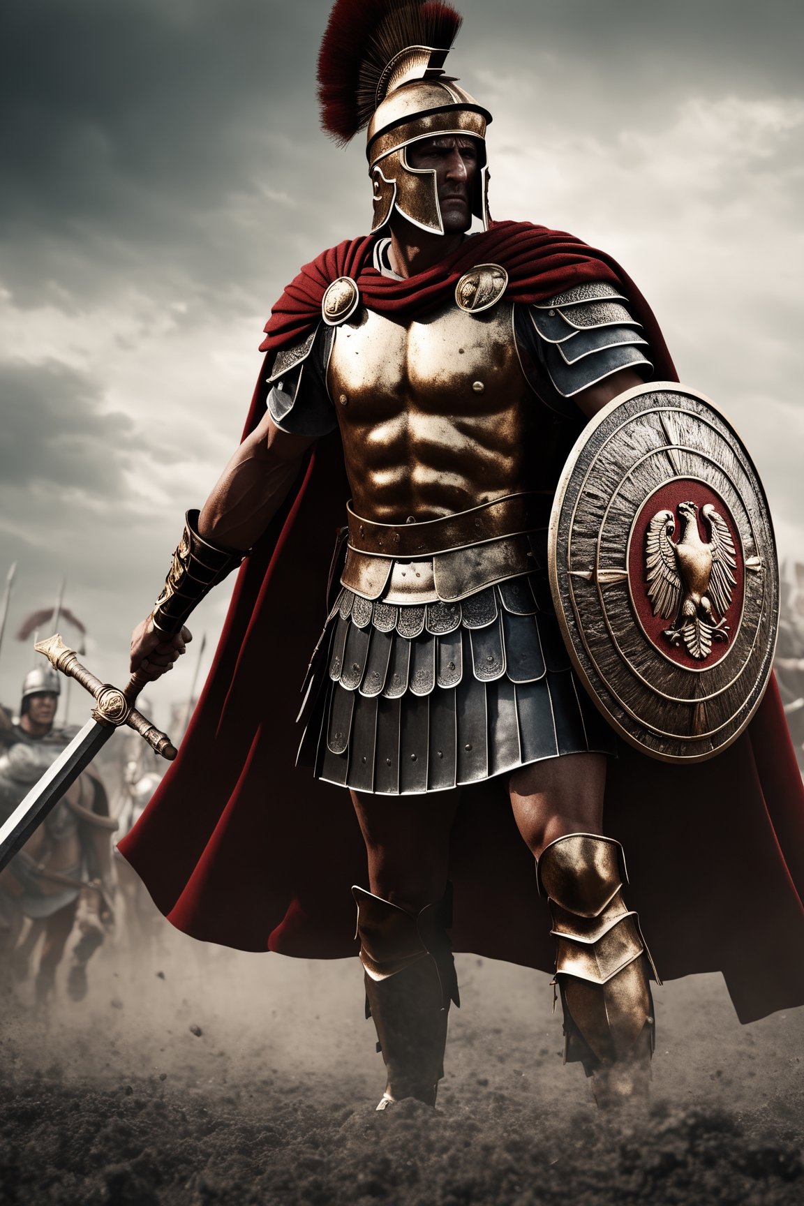 Roman Centurion, bronze armor, red cape, holding SPQR eagle staff, standing tall over the battlefield, cowboy shot, strong, rebellious, grunge, highly artistic, rough textures, incredible masterpiece, octane render, photorealism, hyperrealism, intricate details, ultra skin intricate clothes accurate hands, macro image detailed, shots, badass look, action, perfect eyes, best quality, extremely sharp focus face, analog fine film grain, cinematic, realistic, trending artstation, focus, studio photo, details, highly rutkowski, intricate, busy, raw, 4k, 8k, isometric, digital smog, 3d render, octane volumetrics, artwork masterpiece, ominous, matte painting movie poster, golden ratio, cgsociety