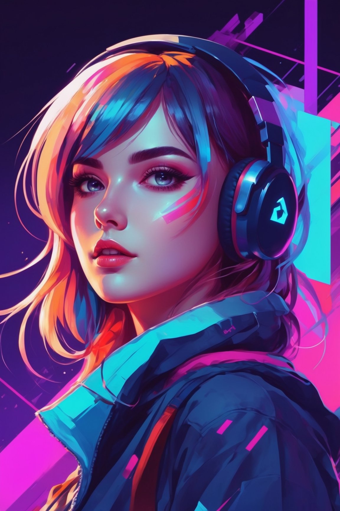 Glitchcore Art Style, of a gamer girl, dynamic, dramatic, distorted, vibrant colors, glitchcore art style