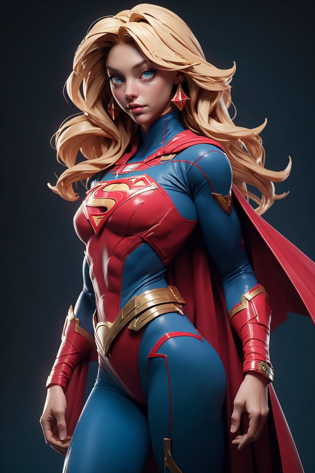 1girl, Highly detailed RAW color Photo, poised poise, superhero_pose, Full Body, ((portrait of supergirl)) age 18, ((dynamic_pose)), ((flying_midair)), ((fighting)), ((long_red_cape)), ((fully_suit_red_blue_white_gold)), beautiful face, symmetrical face, tone mapped, intricate, elegant, highly detailed, digital painting, concept art, red and blue, smooth, sharp focus, colorfull, depth of field, octane render,  art by artgerm and alphonse mucha, trending on artstation, cinematic animation still, by lois van baarle, ilya kuvshinov, metahuman, outdoors, toned body, (sci-fi), ((cloudy_blue sky)), (mountains:1.1), (lush green vegetation), (two moons in sky:0.8), (highly detailed, hyperdetailed, intricate), (lens flare:0.7), (bloom:0.7), particle effects, raytracing, cinematic lighting, shallow depth of field, photographed on a Sony a9 II, ((35mm f1.8_wide angle lens)), sharp focus, cinematic film still from Gravity 2013, short_curly_hair, average_breasts, blond_curly_hair, green-eyes, ((sexy_pink_lips)), intricate_detail, realistic, detailed_background, (8k, RAW photo, best quality, masterpie ce:1. 2), detailed_skin, sharp_eyes, beautifull, looking_at_camera, beautiful detailed eyes, beautiful detailed lips, high detailed skin, detailed background, 8k uhd, dslr,photorealistic, perfect hand, perfect fingers, big_breasts, Detailedface, 3DMM