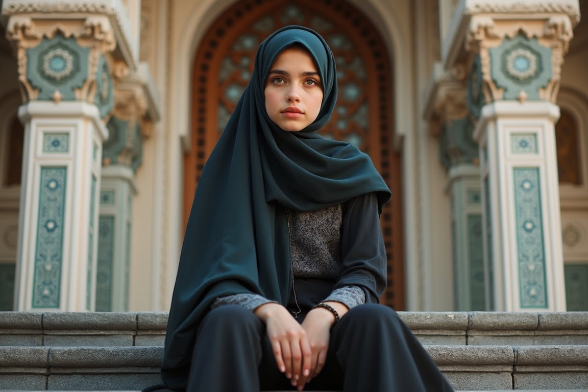 portrait of a beautiful girl in hijab sit on stairs in front of a mosque with detail and intricate Islamic design, key art, photorealistic, ultra realistic, beautiful face, symmetrical face, tone mapped, intricate, elegant, highly detailed, full body