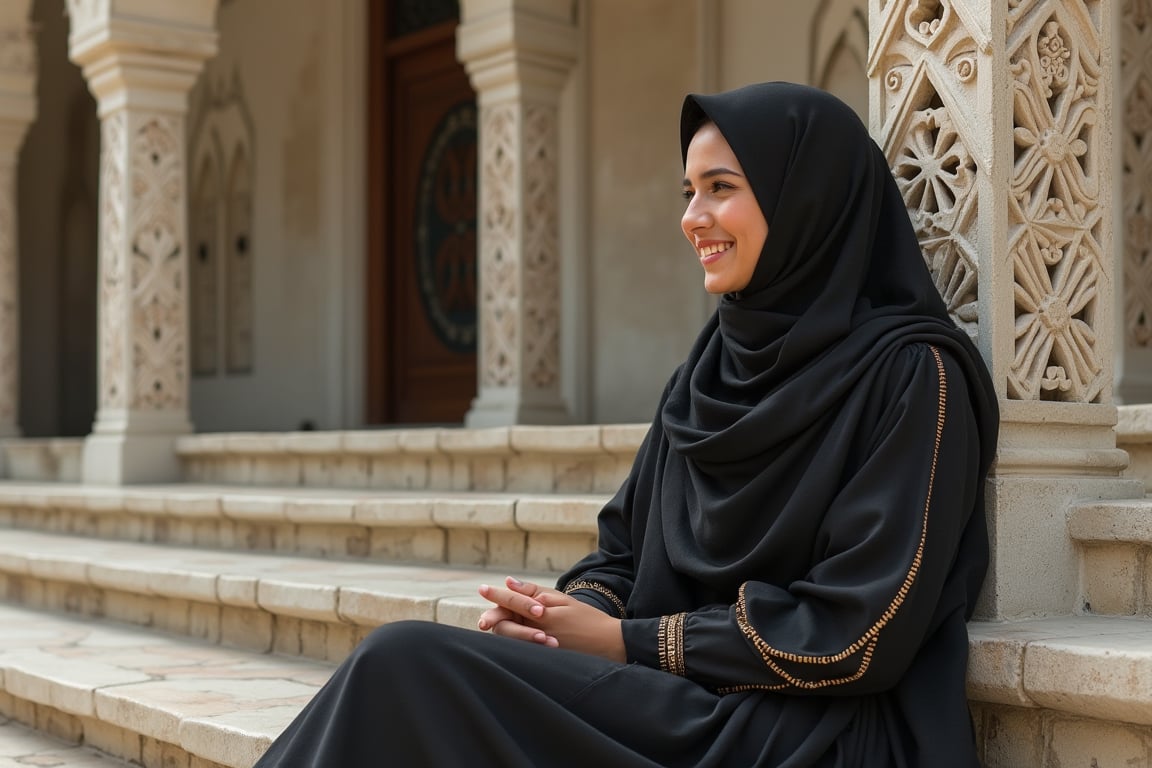 portrait of beautiful girls in hijab sit on stairs in front of a mosque talking and smiling with detail and intricate Islamic design, key art, photorealistic, ultra realistic, beautiful face, symmetrical face, tone mapped, intricate, elegant, highly detailed, full body, Photorealistic, Beautiful woman 