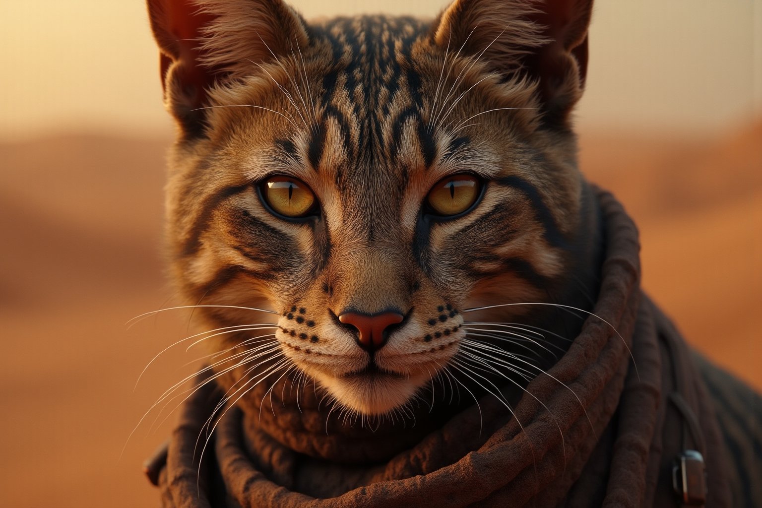 if a cat in dune movie as a protagonist, key art, photorealistic, ultra realistic, beautiful face, symmetrical face, tone mapped, intricate, elegant, highly detailed, full body, 16:9, ultra wide