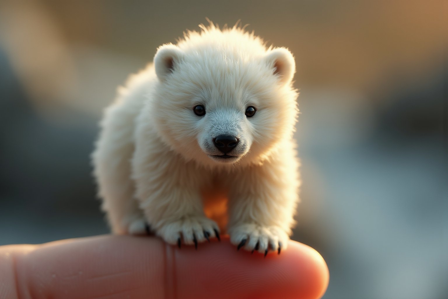 a cute tiny polar bear sitting on a finger tip , key art, photorealistic, ultra-realistic, symmetrical face, tone mapped, intricate, elegant, highly detailed, full body, 16:9, ultra-wide, golden hour, 3 point light, cinematic