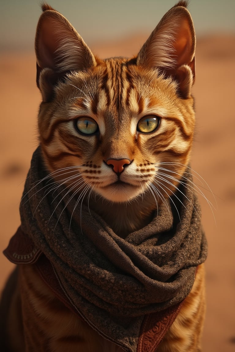 if a cat in dune movie as a protagonist, key art, photorealistic, ultra realistic, beautiful face, symmetrical face, tone mapped, intricate, elegant, highly detailed, full body