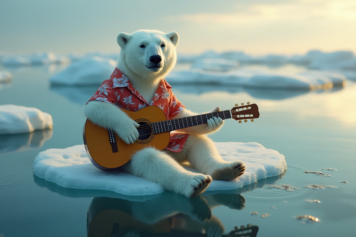 a polar bear playing guitar sitting on ice wearing Hawaiian shirt,  floating at the sea, feets in the water, cracked, transparent ice, clear water, lonely, sad, key art, photorealistic, ultra realistic, golden hour, depth of field, bokeh blur, f1.2, seen from above, aerial shot, tone mapped, intricate, elegant, highly detailed, full body, Photorealistic,