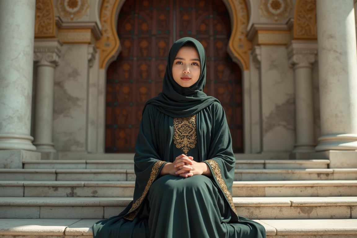 portrait of a beautiful girl in hijab sit on stairs in front of a mosque with detail and intricate Islamic design, key art, photorealistic, ultra realistic, beautiful face, symmetrical face, tone mapped, intricate, elegant, highly detailed, full body