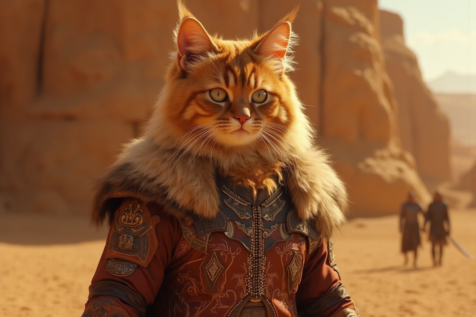 if a persian cat in dune movie as a protagonist, warrior clothing, wide shot, epic dune, key art, photorealistic, ultra realistic, symmetrical face, tone mapped, intricate, elegant, highly detailed, full body, 16:9, ultra wide