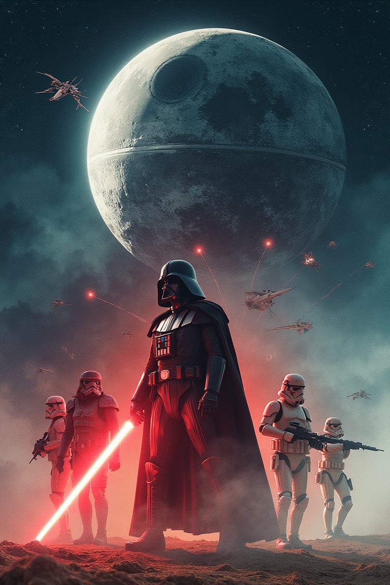 Star Wars movie poster, moon, death star, x-wings, Jedi, stormtroopers, symmetrical design, movie poster, ultrarealistic, photograph, detailed_bg, double exposure