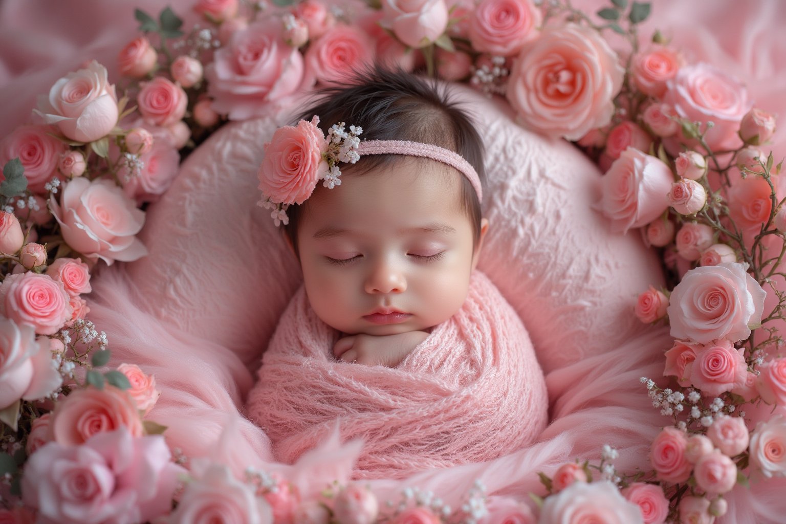 A Vogue baby photoshoot of a 1-week old baby girl, captured in vibrant bubblegum pastel tones and grey color, in the style of Jingna Zhang. The image should be taken with a Canon EOS R5 camera and a Canon RF 24mm f/1.8 STM lens. Set the ISO to a high value, the shutter speed to a fast value, and the aperture to a wide aperture to create a shallow depth of field and a blurred background. Use a soft, diffused lighting to create a dreamy and ethereal atmosphere. The overall mood of the image should be one of glamour and nostalgia. flower arrangement, soft pillow