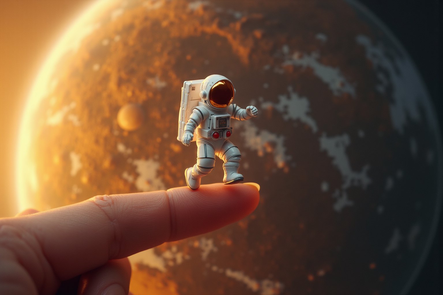 a mini astronaut running on a finger tip , planet earth behind it, key art, photorealistic, ultra-realistic, symmetrical face, tone mapped, intricate, elegant, highly detailed, full body, 16:9, ultra-wide, golden hour, 3 point light, cinematic