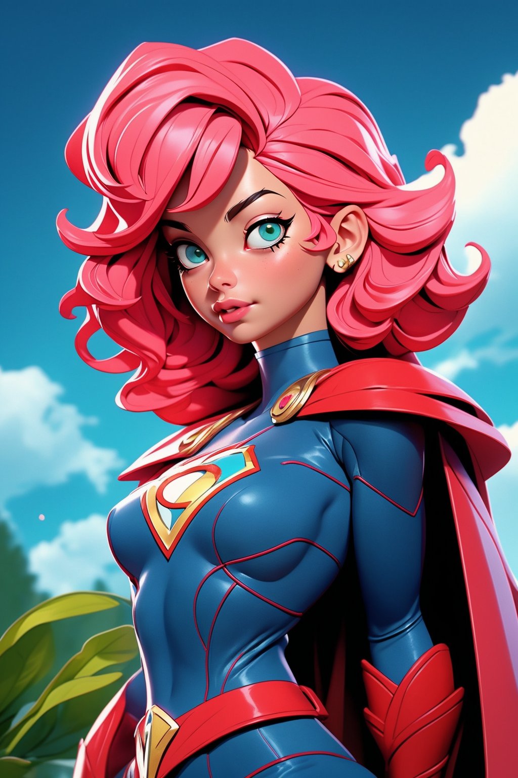 1girl, Highly detailed RAW color Photo, poised poise, superhero_pose, Full Body, ((portrait of supergirl)) age 18, ((dynamic_pose)), ((flying_midair)), ((fighting)), ((long_red_cape)), ((fully_suit_red_blue_white_gold)), beautiful face, symmetrical face, tone mapped, intricate, elegant, highly detailed, digital painting, concept art, red and blue, smooth, sharp focus, colorfull, depth of field, octane render,  art by artgerm and alphonse mucha, trending on artstation, cinematic animation still, by lois van baarle, ilya kuvshinov, metahuman, outdoors, toned body, (sci-fi), ((cloudy_blue sky)), (mountains:1.1), (lush green vegetation), (two moons in sky:0.8), (highly detailed, hyperdetailed, intricate), (lens flare:0.7), (bloom:0.7), particle effects, raytracing, cinematic lighting, shallow depth of field, photographed on a Sony a9 II, ((35mm f1.8_wide angle lens)), sharp focus, cinematic film still from Gravity 2013, short_curly_hair, average_breasts, blond_curly_hair, green-eyes, ((sexy_pink_lips)), intricate_detail, realistic, detailed_background, (8k, RAW photo, best quality, masterpie ce:1. 2), detailed_skin, sharp_eyes, beautifull, looking_at_camera, beautiful detailed eyes, beautiful detailed lips, high detailed skin, detailed background, 8k uhd, dslr,photorealistic, perfect hand, perfect fingers, big_breasts, Detailedface, 3DMM