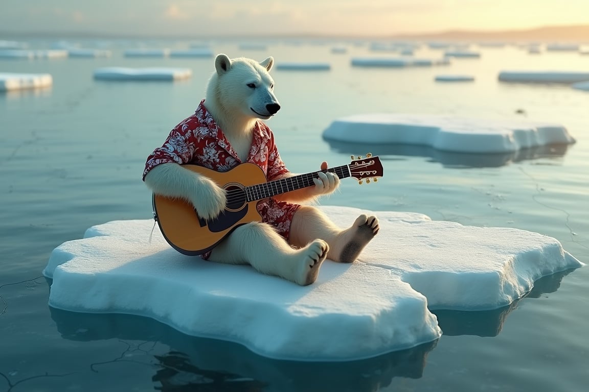 a polar bear playing guitar sitting on ice wearing Hawaiian shirt,  floating at the sea, feets in the water, cracked, transparent ice, clear water, lonely, sad, key art, photorealistic, ultra realistic, golden hour, depth of field, bokeh blur, f1.2, seen from above, aerial shot, tone mapped, intricate, elegant, highly detailed, full body, Photorealistic,