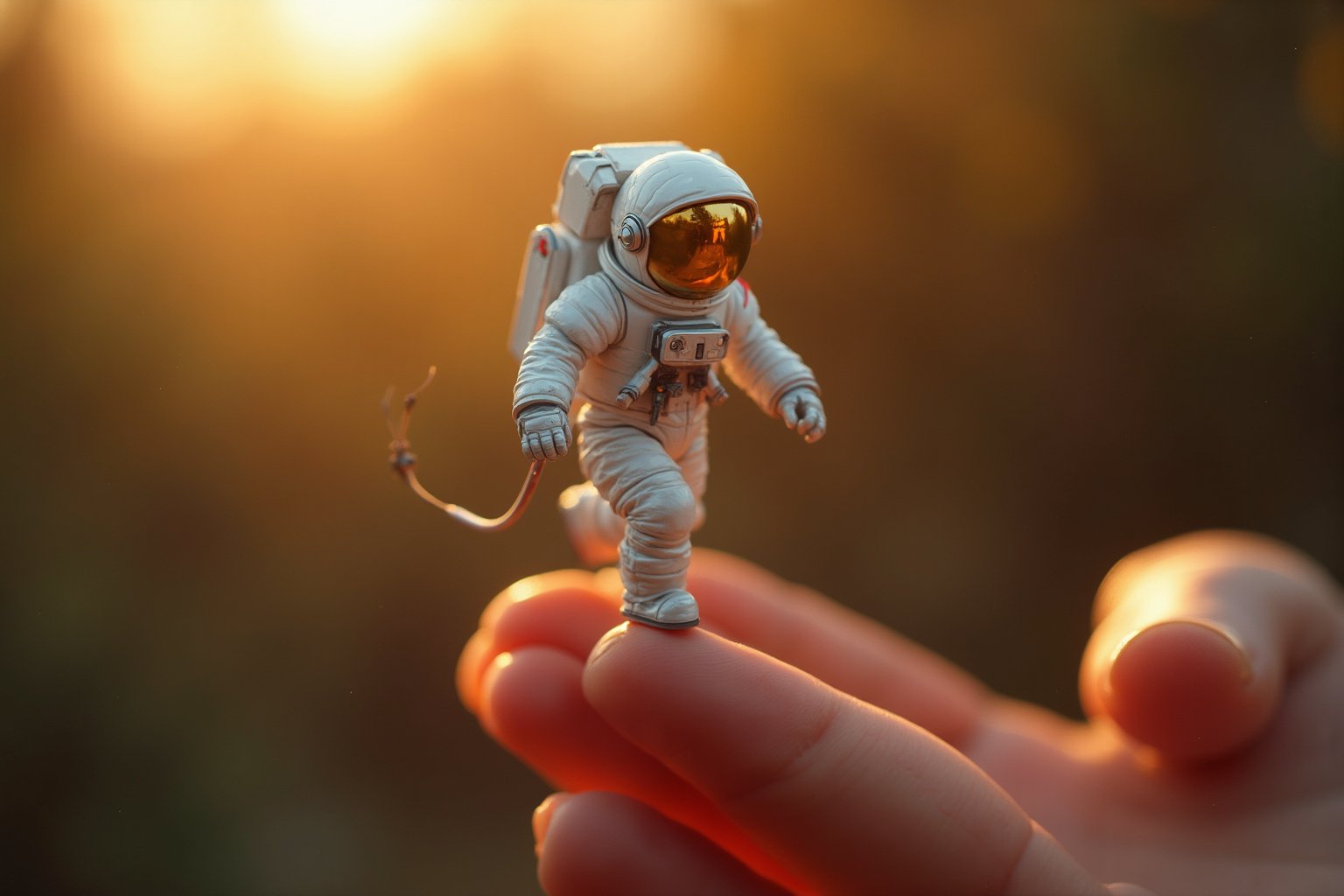 a mini astronaut running on a finger tip , key art, photorealistic, ultra-realistic, symmetrical face, tone mapped, intricate, elegant, highly detailed, full body, 16:9, ultra-wide, golden hour, 3 point light, cinematic