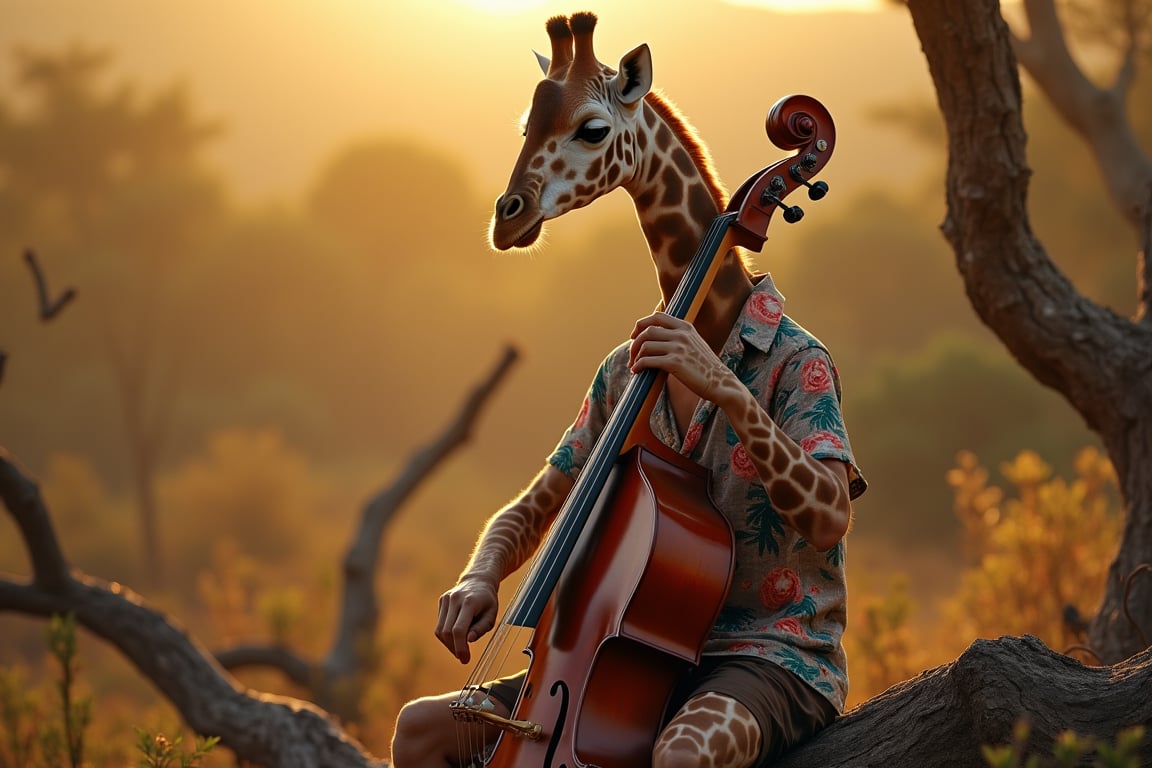 a giraffe playing double bass sitting on dead wood wearing Hawaiian shirt, lonely, sad, key art, photorealistic, ultra realistic, golden hour, depth of field, bokeh blur, f1.2, seen from above, aerial shot, tone mapped, intricate, elegant, highly detailed, full body, Photorealistic,