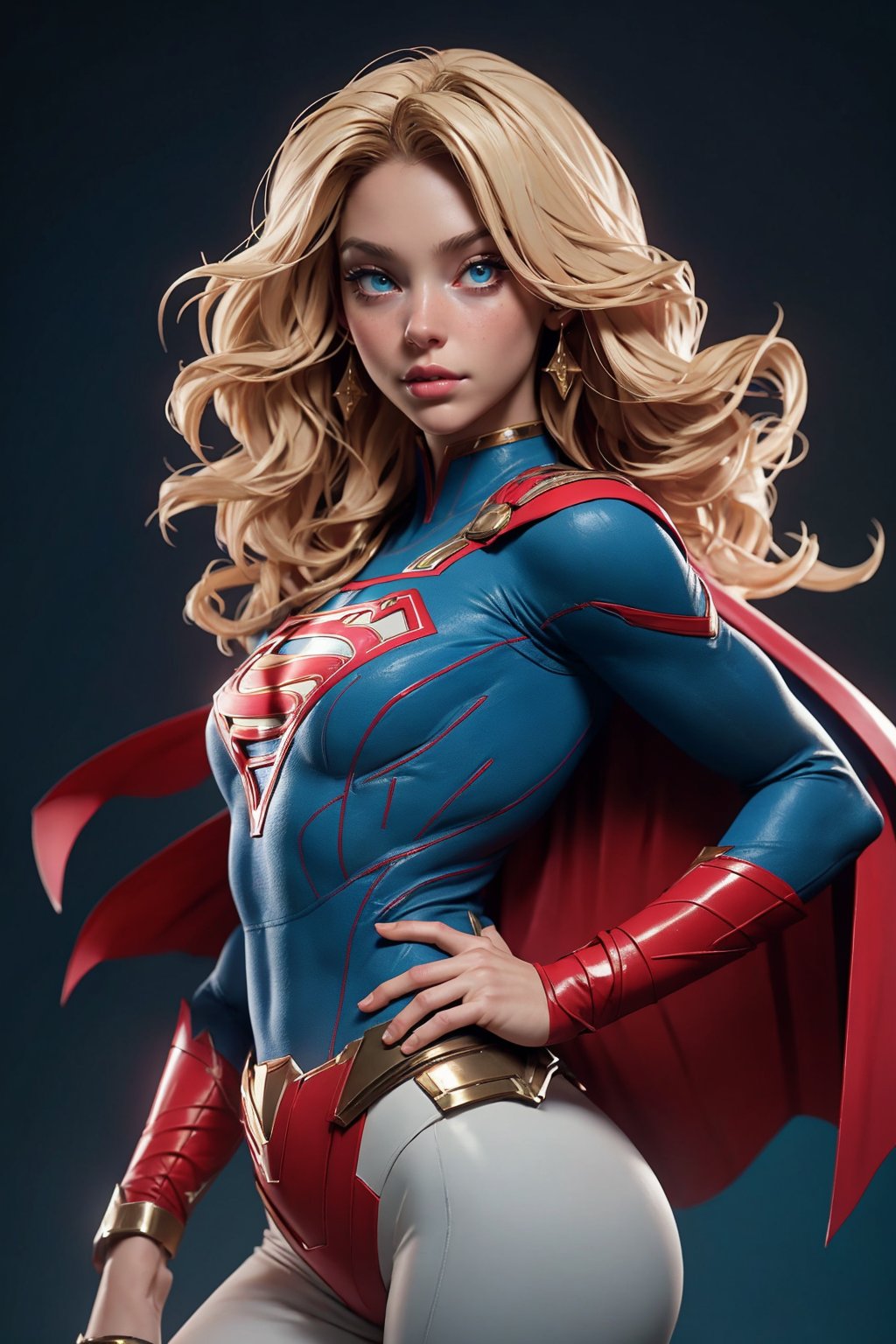 1girl, Highly detailed RAW color Photo, poised poise, superhero_pose, Full Body, ((portrait of supergirl)) age 18, ((dynamic_pose)), ((flying_midair)), ((fighting)), ((long_red_cape)), ((fully_suit_red_blue_white_gold)), beautiful face, symmetrical face, tone mapped, intricate, elegant, highly detailed, digital painting, concept art, red and blue, smooth, sharp focus, colorfull, depth of field, octane render,  art by artgerm and alphonse mucha, trending on artstation, cinematic animation still, by lois van baarle, ilya kuvshinov, metahuman, outdoors, toned body, (sci-fi), ((cloudy_blue sky)), (mountains:1.1), (lush green vegetation), (two moons in sky:0.8), (highly detailed, hyperdetailed, intricate), (lens flare:0.7), (bloom:0.7), particle effects, raytracing, cinematic lighting, shallow depth of field, photographed on a Sony a9 II, ((35mm f1.8_wide angle lens)), sharp focus, cinematic film still from Gravity 2013, short_curly_hair, average_breasts, blond_curly_hair, green-eyes, ((sexy_pink_lips)), intricate_detail, realistic, detailed_background, (8k, RAW photo, best quality, masterpie ce:1. 2), detailed_skin, sharp_eyes, beautifull, looking_at_camera, beautiful detailed eyes, beautiful detailed lips, high detailed skin, detailed background, 8k uhd, dslr,photorealistic, perfect hand, perfect fingers, big_breasts, Detailedface, 3DMM