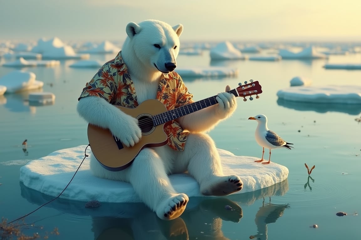 a polar bear playing guitar sitting on ice wearing Hawaiian shirt,  floating at the sea, feets in the water, seagull and fish around him, cracked, transparent ice, clear water, lonely, sad, key art, photorealistic, ultra realistic, golden hour, depth of field, bokeh blur, f1.2, seen from above, aerial shot, tone mapped, intricate, elegant, highly detailed, full body, Photorealistic,