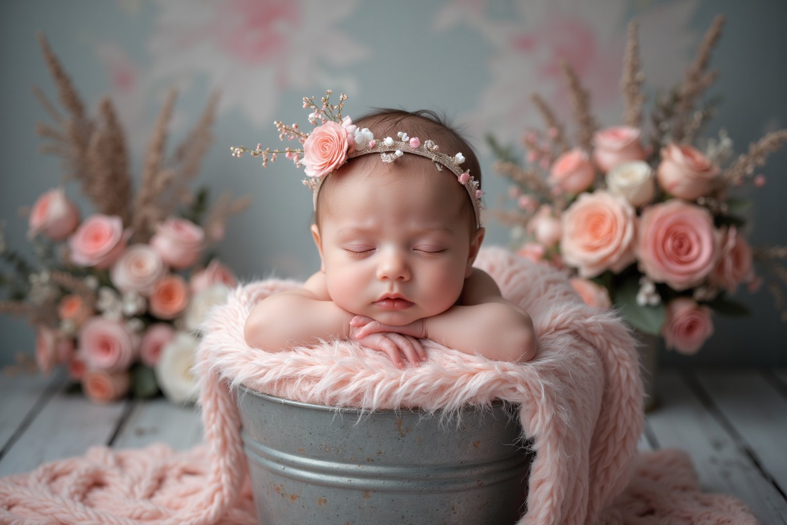 A Vogue baby photoshoot of a 1-week old baby girl, captured in vibrant bubblegum pastel tones and grey color, in the style of Jingna Zhang. The image should be taken with a Canon EOS R5 camera and a Canon RF 24mm f/1.8 STM lens. Set the ISO to a high value, the shutter speed to a fast value, and the aperture to a wide aperture to create a shallow depth of field and a blurred background. Use a soft, diffused lighting to create a dreamy and ethereal atmosphere. The overall mood of the image should be one of glamour and nostalgia. flower arrangement, bucket, soft pillow