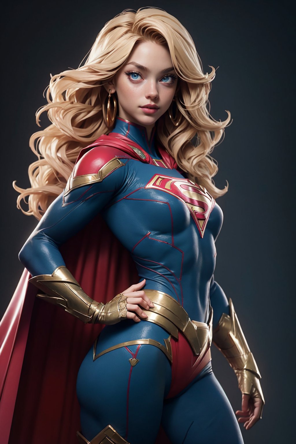 1girl, Highly detailed RAW color Photo, poised poise, superhero_pose, Full Body, ((portrait of supergirl)) age 18, ((dynamic_pose)), ((flying_midair)), ((fighting)), ((long_red_cape)), ((fully_suit_red_blue_white_gold)), beautiful face, symmetrical face, tone mapped, intricate, elegant, highly detailed, digital painting, concept art, red and blue, smooth, sharp focus, colorfull, depth of field, octane render,  art by artgerm and alphonse mucha, trending on artstation, cinematic animation still, by lois van baarle, ilya kuvshinov, metahuman, outdoors, toned body, (sci-fi), ((cloudy_blue sky)), (mountains:1.1), (lush green vegetation), (two moons in sky:0.8), (highly detailed, hyperdetailed, intricate), (lens flare:0.7), (bloom:0.7), particle effects, raytracing, cinematic lighting, shallow depth of field, photographed on a Sony a9 II, ((35mm f1.8_wide angle lens)), sharp focus, cinematic film still from Gravity 2013, short_curly_hair, average_breasts, blond_curly_hair, green-eyes, ((sexy_pink_lips)), intricate_detail, realistic, detailed_background, (8k, RAW photo, best quality, masterpie ce:1. 2), detailed_skin, sharp_eyes, beautifull, looking_at_camera, beautiful detailed eyes, beautiful detailed lips, high detailed skin, detailed background, 8k uhd, dslr,photorealistic, perfect hand, perfect fingers, big_breasts, Detailedface, 3DMM