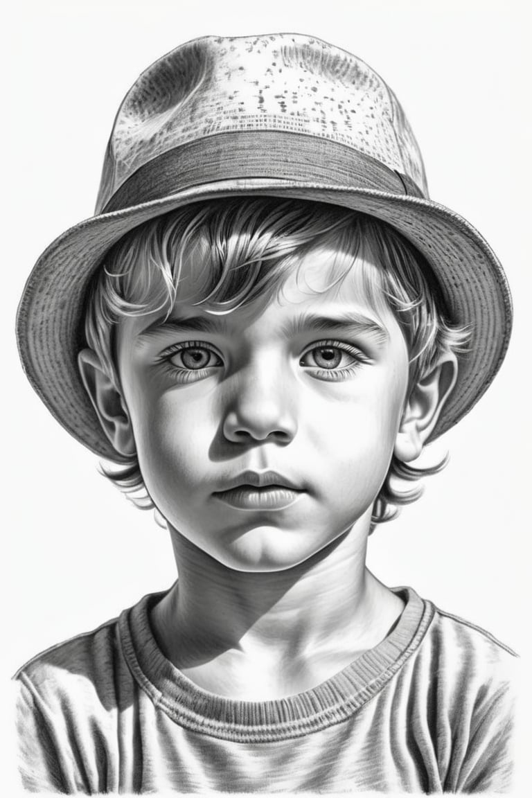 cute boy wearing a hat, pencil_(artwork), etching, crosshatching, sketch, monochrome, white background,Leonardo Style, illustration,tshirt design,oni style, in the style of Dave Malan