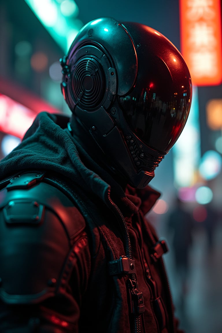 cyberpunk, helmet, biker, gang  member,  antrachite, matte black armor, ((full_figure)), oni mask, red color splash, bloom, teal and orange color grading, cinematic light, bloom, cool color, night_time,cyborg style,cyberpunk style,Movie Still, Oni style