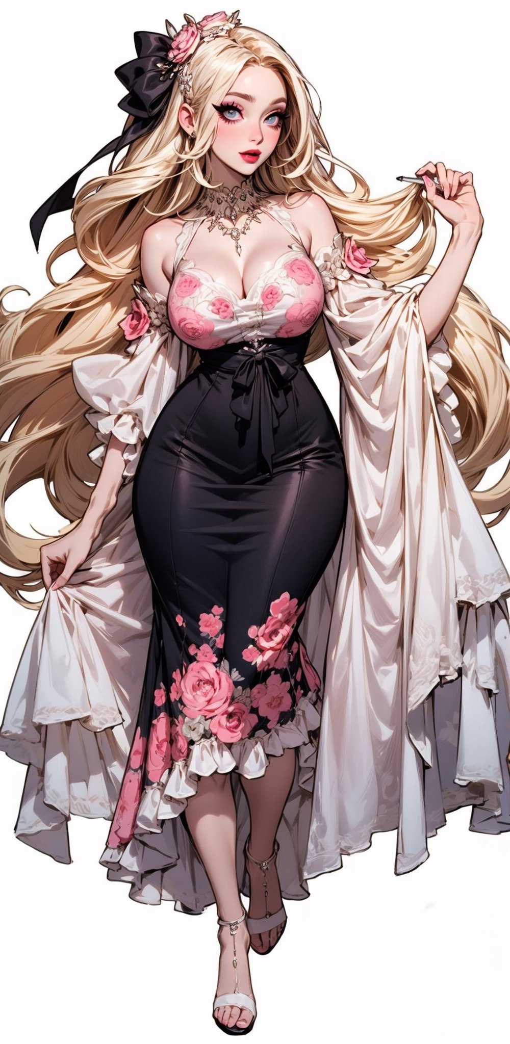 One woman ,Godness, Aphrodite, (caucasian_pale_white_female:1.5) , light_blue_eyes , detailed eyes , large_breasts , blonde_hair  , perfect legs , barefoot , slim thicc , masterpiece  , ultra detailed , ("detailed background") , perfect shading , high contrast , best illumination , light smile , long_hair , straight_hair , (make-up) , (pink eye shadow) , (black eye liner) ,very long pink Vintage women's elegant summer floral long dress , full-body_portrait,lolita_dress, jewellery, ,nijistyle