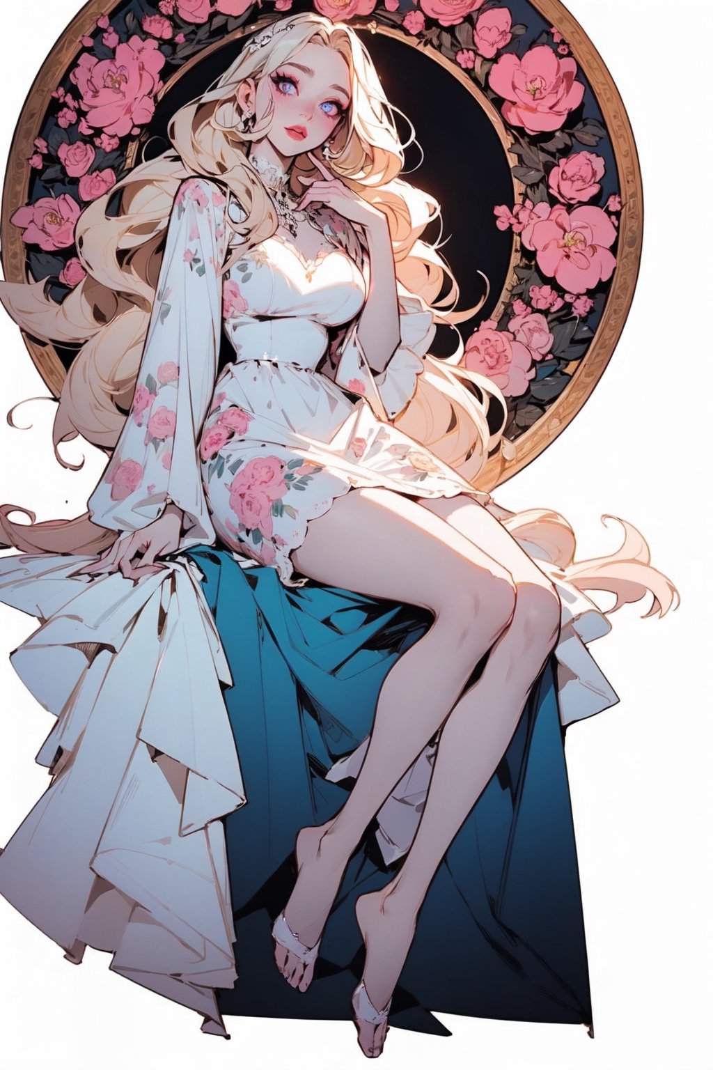 One woman ,Godness, Aphrodite, (caucasian_pale_white_female:1.5) , light_blue_eyes , detailed eyes , large_breasts , blonde_hair  , perfect legs , barefoot , slim thicc , masterpiece  , ultra detailed , ("detailed background") , perfect shading , high contrast , best illumination , light smile , long_hair , straight_hair , (make-up) , (pink eye shadow) , (black eye liner) ,very long pink Vintage women's elegant summer floral long dress , full-body_portrait,lolita_dress, jewellery, ,Niji style, god house_background 