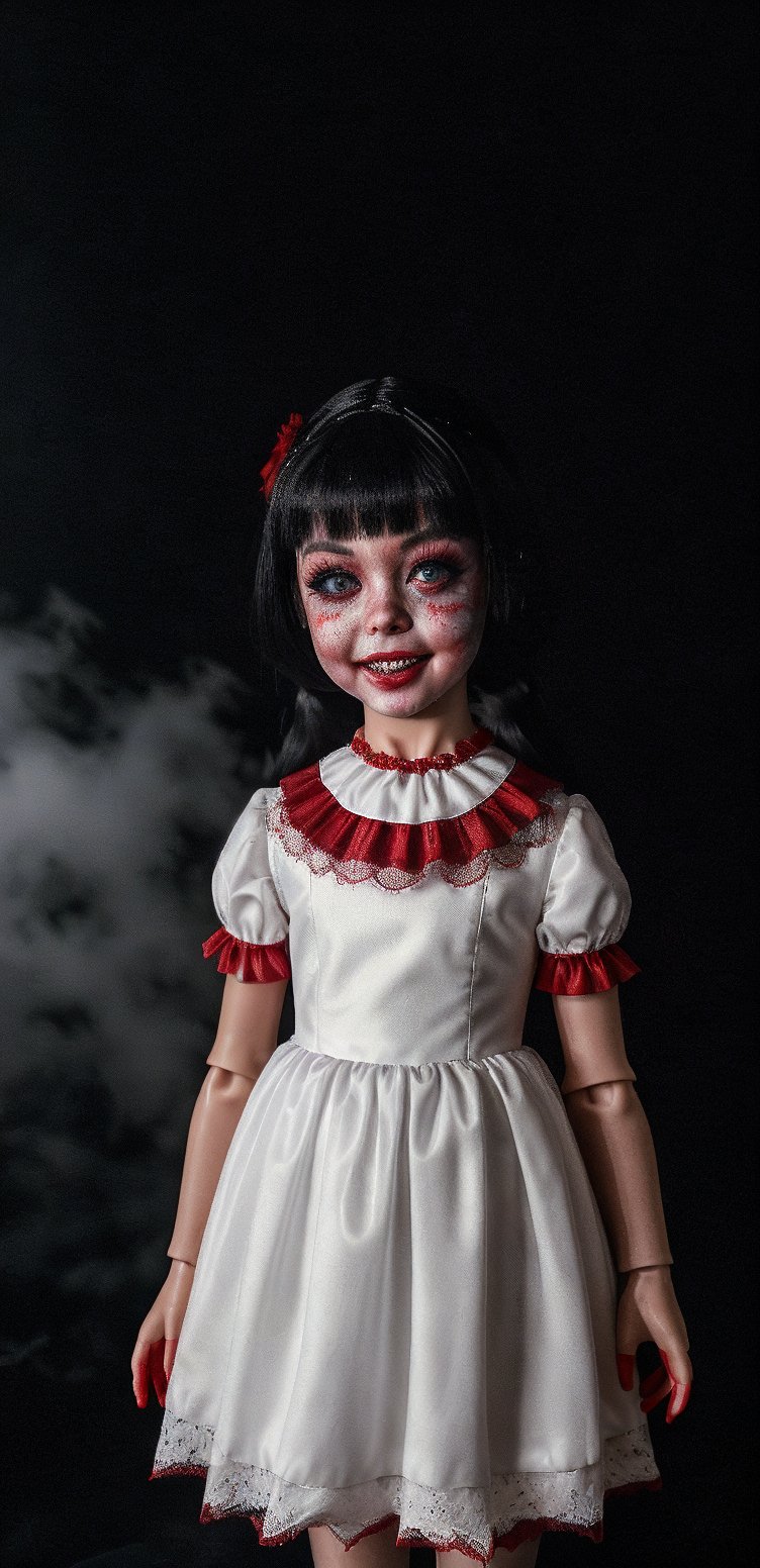 A digital, wide sharp photo of dark realistic starry night sky. Background is black and white. ((Full body image of one harmless little doll girl, with human skin)). (((It is half dark, only the realistic fog and the doll glow mystically))). (((The mouth of the doll is smeared clumsy bright red make-up, a big smile))), (rest of the facial expression of doll is serious), ((eyes of doll are fiery red)). ((The little girl doll levitates above the ground in realistic fog))). Colors are used- red, white black. Toy girl dressed in a red lace, clean dress, impeccably ironed, with white delicate lace around the edges of the dress, white knee-high socks on the legs, with a lace shirt under the dress, short sleeves trimmed with white delicate lace. (Scene of Halloween),  48K, UHD, body facing the viewer, showing to viewer, ((mistical shadows)), mistical ight light. Masterpiece